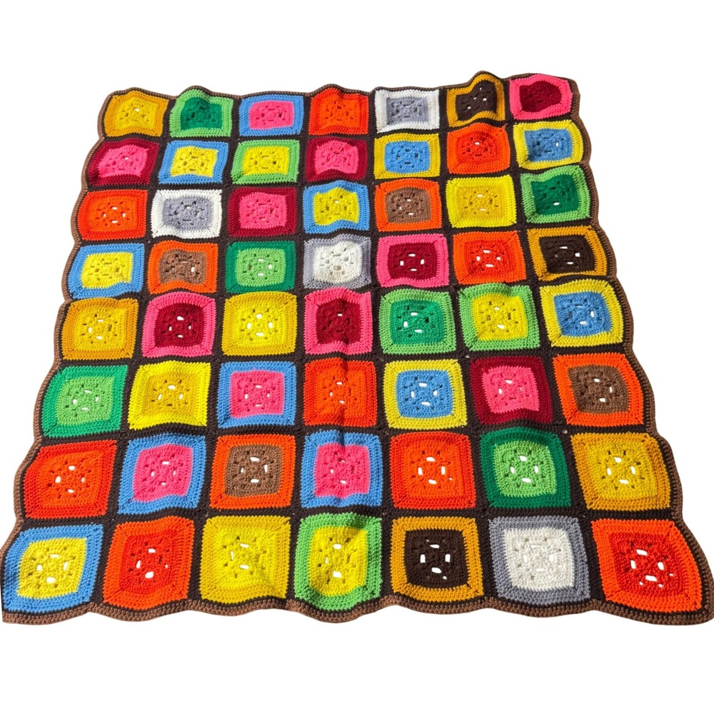 Handmade Crochet Granny Square Afghan Blanket 54x47 Multi-Color Retro Boho Throw